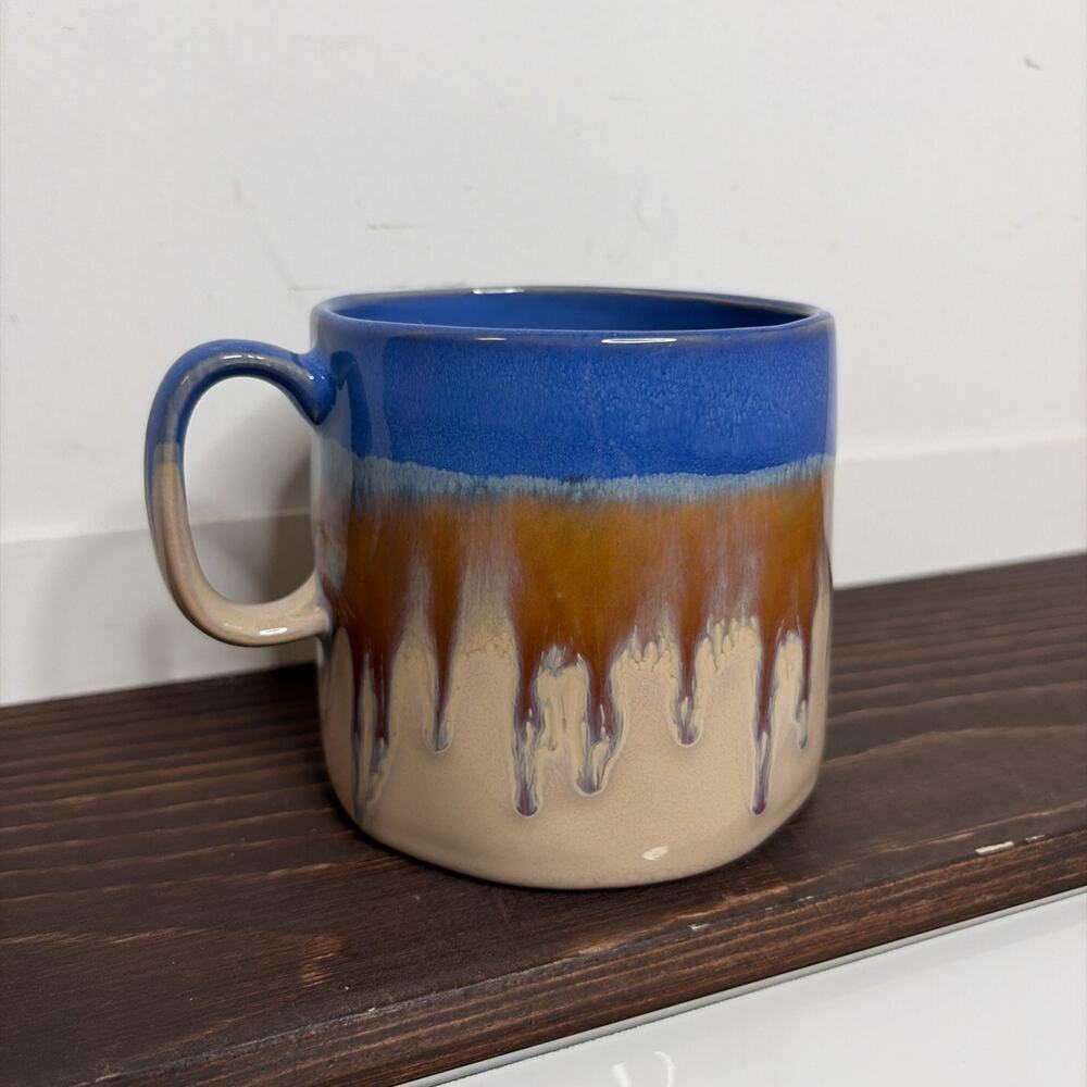 Large Stoneware Coffee Mug Cobalt Blue Drip Glaze Sand Brown Unmarked